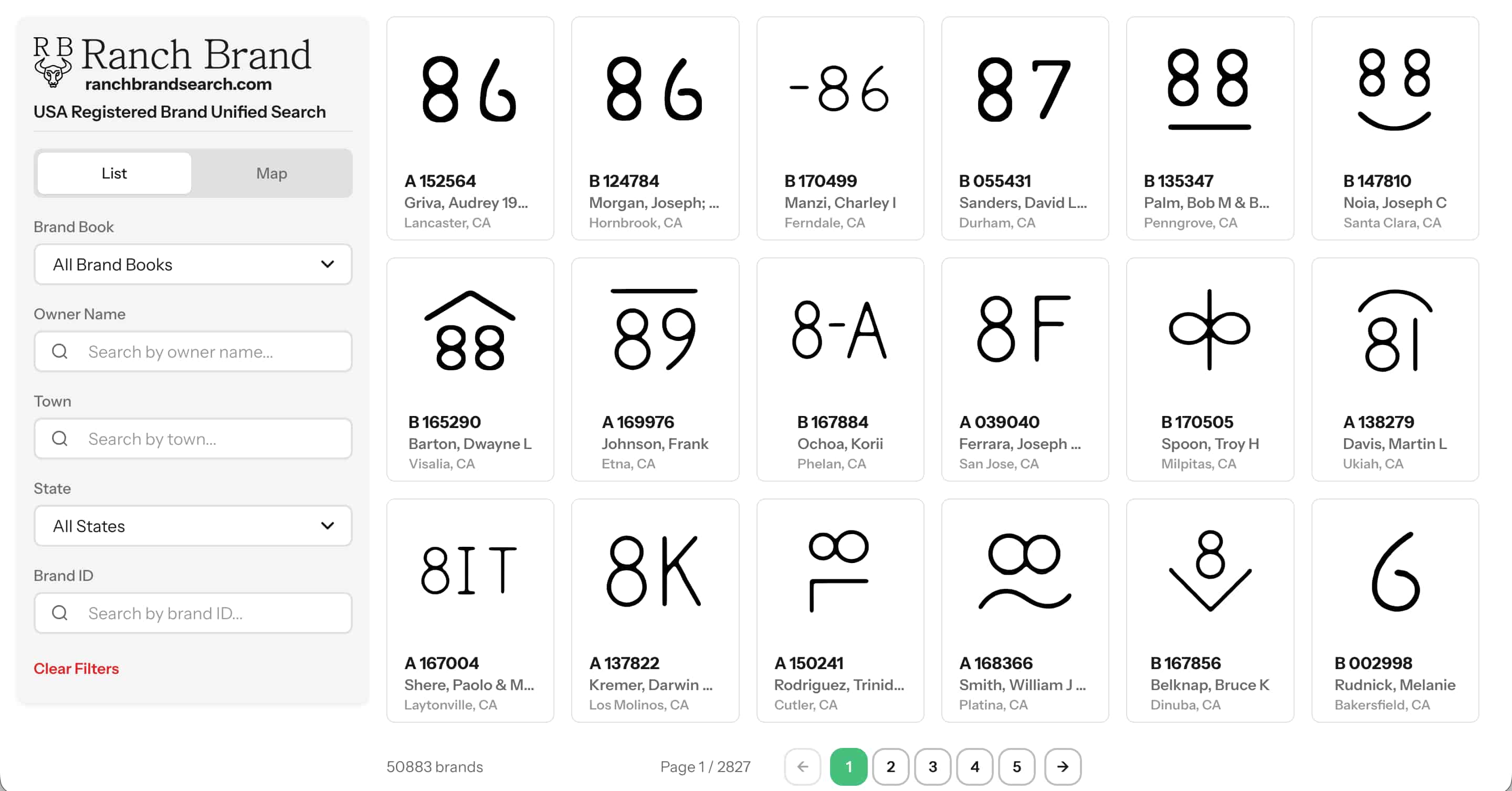 Brand list showing search results